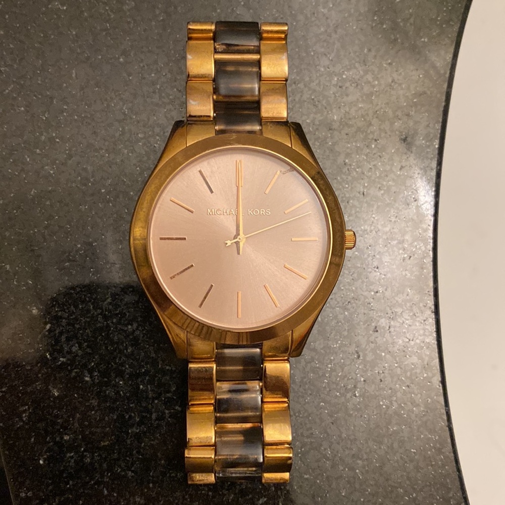 Rose gold Michael Kors watch with turtle shell accents